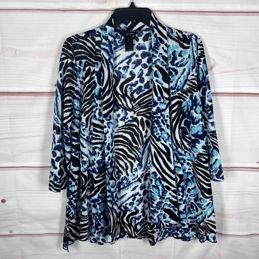 Ali Miles Cardigan Women Small Blue Zebra Leopard Open Front Knit Lightweight